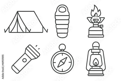 Camping and hiking gear icon set. Linear style vector illustration of tent, sleeping bag, stove, flashlight, compass, lantern. Outdoor adventure and travel equipment symbols.