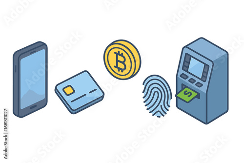 Isometric digital finance icon set with smartphone, credit card, crypto coin, fingerprint, and ATM. Concept for mobile banking, online payment, fintech, and secure transaction.