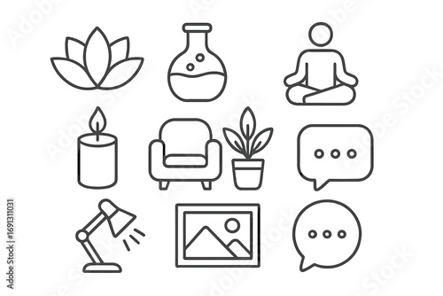Wellness, interior, communication line icon set. Minimalist vector symbols for yoga, meditation, spa, home decor, chat. Thin outline pictogram collection for graphic design.