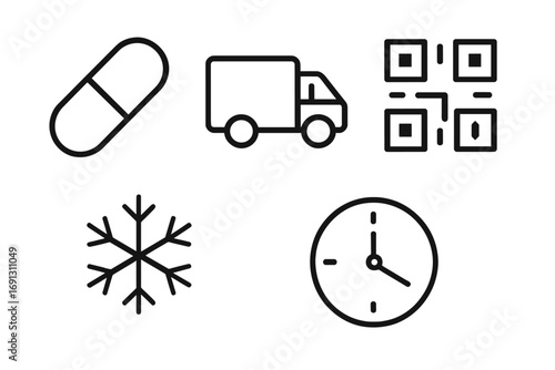 Medicine delivery vector icon set. Pharmaceutical logistics and cold chain supply concept. Pill, delivery truck, QR code, snowflake, clock symbols. Express pharma shipping service.