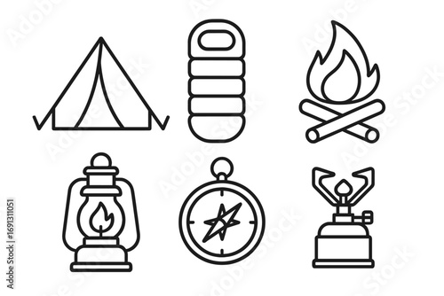 Camping icon set in a simple linear style. Outdoor adventure and hiking equipment symbols. A vector collection for travel and tourism concepts. Includes tent, campfire, compass.