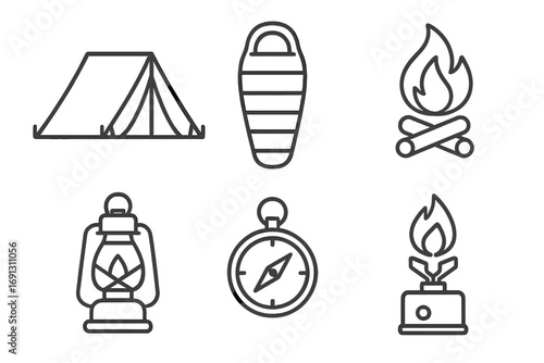 Camping icon set. Hiking equipment collection. Outdoor adventure and travel symbols. Vector linear icons of tent, campfire, compass, sleeping bag, lantern, and gas stove.