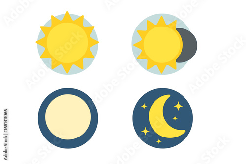 Sun and moon icons set illustrating day and night cycles. Vector cartoon illustration of a solar eclipse, full moon, and crescent moon with stars. Flat design weather concept.