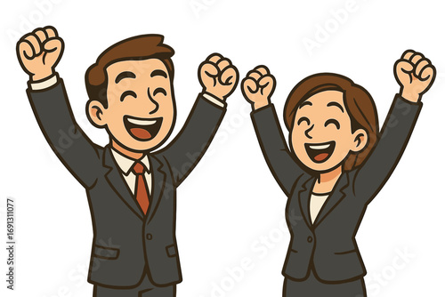Business team success celebration. Happy man and woman with arms raised. Professional teamwork achievement. Vector cartoon illustration of victory and joy on transparent background.