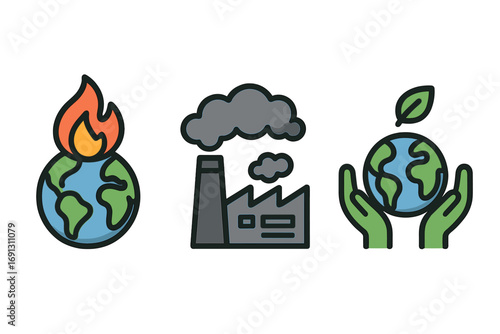 Climate change icon set. Global warming, planet fire, industrial factory pollution, co2 emission. Environmental protection, hands saving earth, ecology conservation concept. Vector.