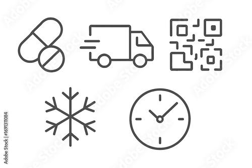 Medicine delivery icon set. Minimalist line art icons for pharmacy logistics, shipping, and cold chain services. Vector collection with pill, truck, QR code, snowflake, clock.