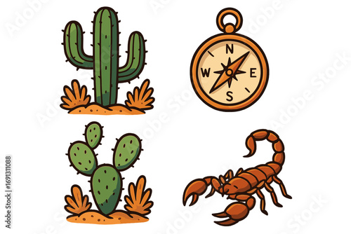 Desert adventure icon set with cactus, scorpion, and compass. Wild West cartoon vector illustration collection for travel and exploration themes. Saguaro and prickly pear.