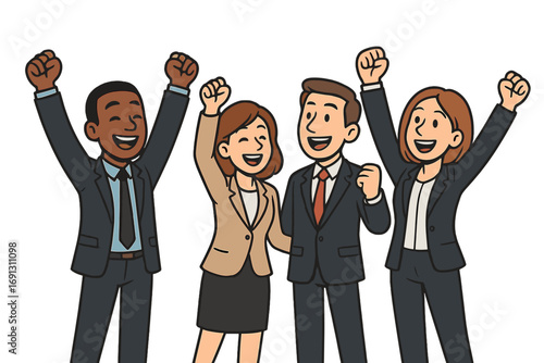 Business team success celebration. Happy diverse group of people celebrating achievement. Professional teamwork goal. Victory cheer with raised arms. Cartoon vector illustration.