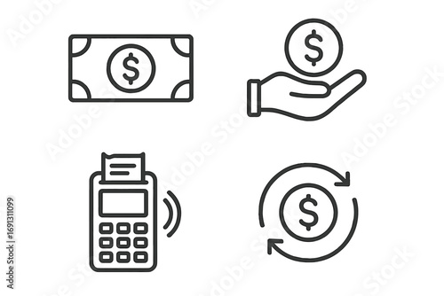 Financial transaction and payment methods line icon set. Minimalist vector icons for banking, money transfer, cash flow, income, and point of sale contactless payment.