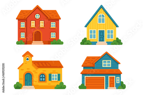 Set of four colorful cartoon houses. Vector collection of various architectural styles. Home front view icon set for real estate, neighborhood, or suburban design element.