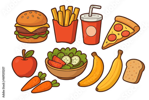 Healthy and unhealthy food choice set. Fast food vs balanced diet. Junk food burger, pizza or fresh salad, fruit. Nutrition concept vector cartoon illustration collection.