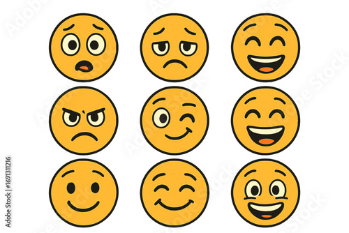 Emoticon faces with various emotional expressions. Cute cartoon emoji character set. Happy, sad, angry, wink, and smile icons. Vector illustration for chat or social media.