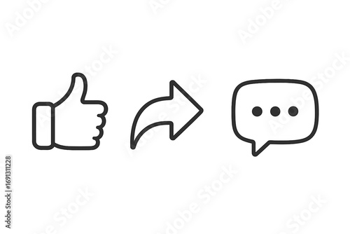 Social media engagement icons. Like, Comment, Share button set. Thumbs up, speech bubble, and reply arrow symbols. Minimalist outline vector for UI and UX web design.