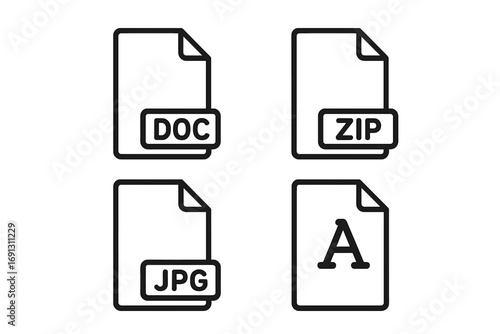 File format line icon set with document, zip archive, jpg image, and font file types. Vector graphic symbol collection for web design, UI, UX, and digital applications.