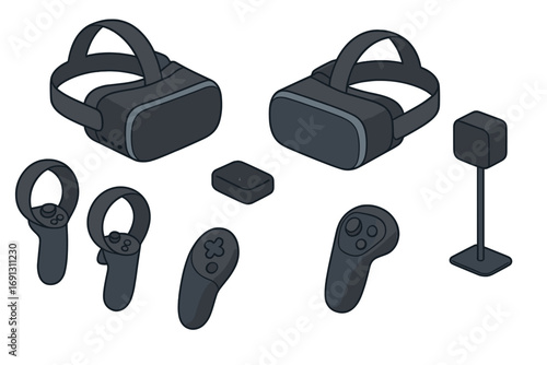 Isometric virtual reality hardware set. VR headsets, goggles, controllers, and sensors. Vector illustration concept for metaverse, gaming, simulation, and augmented reality.