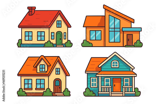 Set of four house vector icons. Collection of various architectural styles for real estate. Cartoon suburban cottage, modern and family home illustration. Building exterior.