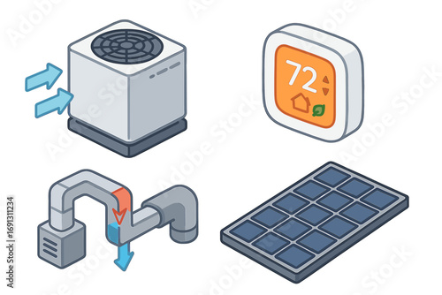 Isometric HVAC icon set with smart thermostat and solar panel for home energy efficiency. Vector elements for heating, cooling, and air conditioning system. Smart home climate control concept.