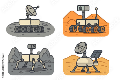 Set of space exploration rovers. Robotic vehicles for missions on Mars and Moon. Scientific research lander and planet rover. Cartoon vector icon collection illustration.