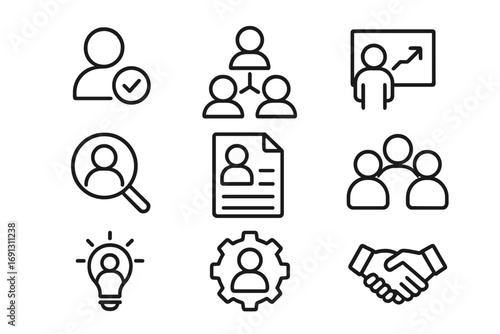 Human resources management icons set. HR, recruitment, career, and personnel concepts. Business staff organization and teamwork line symbols for web and apps. Vector.