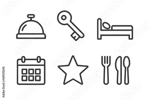 Hotel service icon set. Hospitality outline symbols. Vector line art collection for travel, booking, accommodation. Bell, key, bed, calendar, rating star, restaurant icons.