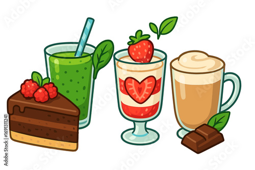 Set of delicious plant-based desserts and drinks. Vegan food collection with chocolate cake, green smoothie, strawberry parfait, and coffee latte. Vector cartoon illustration.