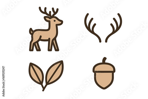 Minimalist wildlife and nature icons with deer, antlers, leaves, acorn. Vector cartoon illustration set. Forest animal and plant symbols. Isolated autumn design elements.