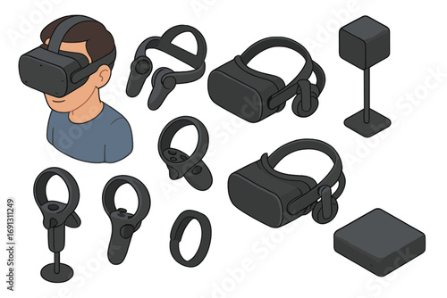 Isometric virtual reality kit. Man wearing VR headset, glasses, controllers, and sensors. Vector cartoon illustration of a complete tech set for gaming and the metaverse.
