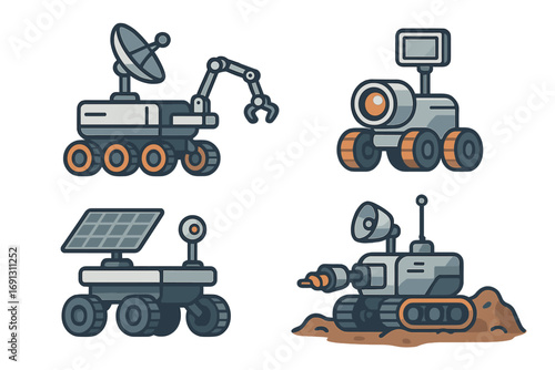 Robotic space rovers vector set for planetary exploration. Cartoon illustration of scientific vehicles for mars missions. Collection of robots for astronomy research.