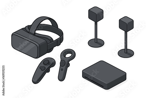 Isometric virtual reality setup with headset, controllers, and sensors. VR gaming equipment kit for metaverse and augmented reality. Vector cartoon illustration of tech gadgets.
