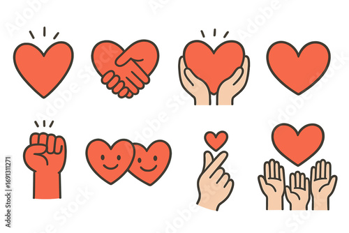Set of love and unity icons. Hand-drawn heart illustrations, handshake, couple, finger heart gesture. Concept of charity, community, support, and togetherness. Vector cartoon.