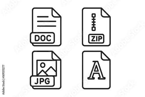 File format icon set collection. Document, zip, jpg, and font outline symbols. Vector illustration for web, app and digital use. Data type graphic design element concept.