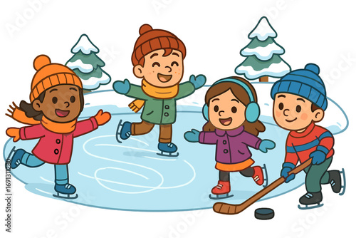 Happy diverse kids ice skating and playing hockey on a frozen pond. Winter outdoor activity. Cute cartoon characters. Vector illustration for children's seasonal concept.