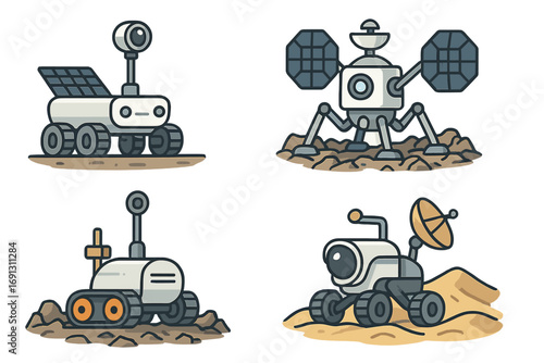 Set of space rovers for Mars or Moon exploration. Robotic vehicle for scientific research. Cartoon vector illustration icon pack. Planet discovery, futuristic technology.