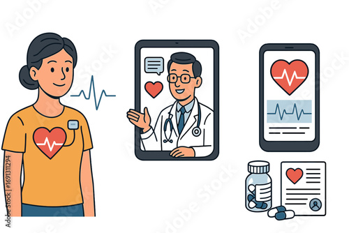 Digital healthcare technology for remote patient monitoring. Telemedicine concept for heart health with online doctor consultation, wearable sensor, and medical app. Personalized medicine.