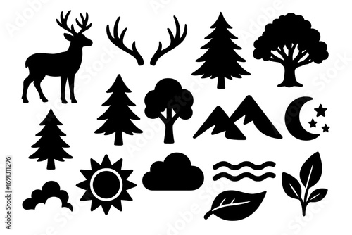 Nature and wildlife icon set with deer, antlers, trees, and mountains. Black silhouette vector design elements for forest, camping, and outdoor adventure themes.