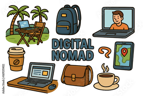 Digital nomad lifestyle elements for remote work. Set of vector cartoon icons: laptop, coffee, backpack, map. Freelancer, online job, and travel concept. Work from anywhere.