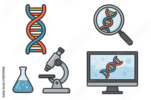 Genetic research icon set. DNA helix, microscope, computer for science. Biology study, biotechnology and laboratory analysis concept. Vector gene chromosome illustration.