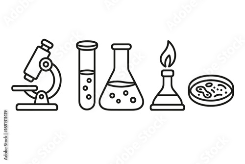 Science lab equipment line art icon set. Chemistry, biology research concept. Vector illustration of microscope, test tube, flask, bunsen burner, petri dish for experiment.