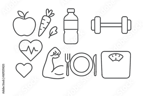 Healthy lifestyle line icon set. Nutrition, fitness, diet concepts. Vector elements for health. Apple, dumbbell, water, scale, heart, muscle. Sport, wellness, weight loss.