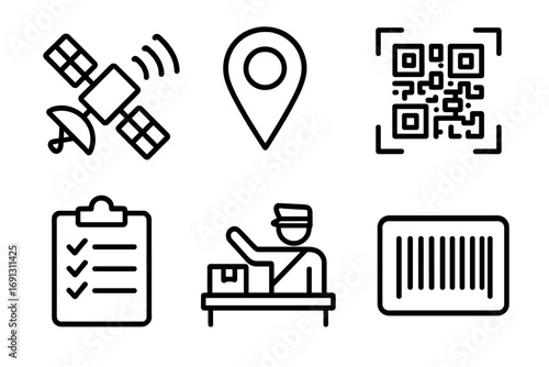 Logistics and shipping outline icon set. Supply chain management symbols. Vector icons for delivery service, package tracking, customs, satellite, gps, qr code and barcode.