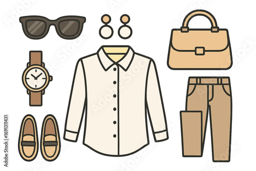Woman's fashion flat lay with classic business casual outfit. Clothing set with shirt, pants, and accessories like handbag, shoes, watch and sunglasses. Vector illustration.