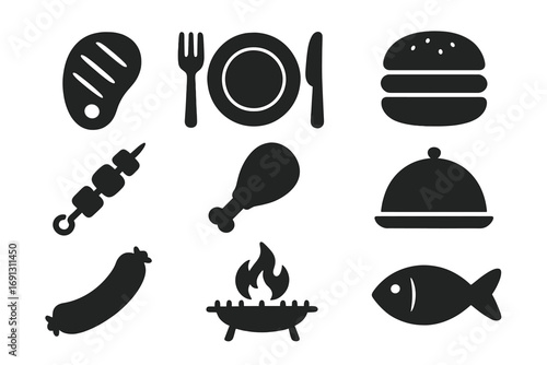 Barbecue and grill food silhouette icon set. BBQ vector graphic elements. Meat, steak, fish, sausage, burger, and chicken symbols for outdoor picnic, dining and cookout.