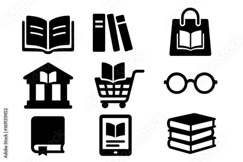 Library and book shopping icon set. Silhouette glyphs for education and literature. Includes ebook, online store, reading glasses, and knowledge symbols. Vector collection.