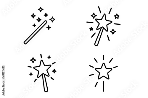 Magic wand line icon set. Vector pack of fairy wizard sticks with stars and sparkles. Simple magical fantasy symbols for web, apps, books. Editable stroke illustration.
