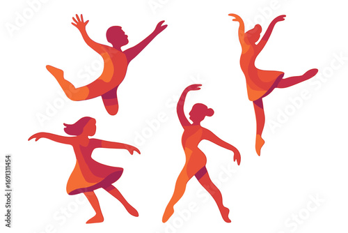 Set of dynamic dancer silhouettes expressing movement, grace and joy. Vector illustration of male and female figures in action poses. Concept for freedom, energy and art.