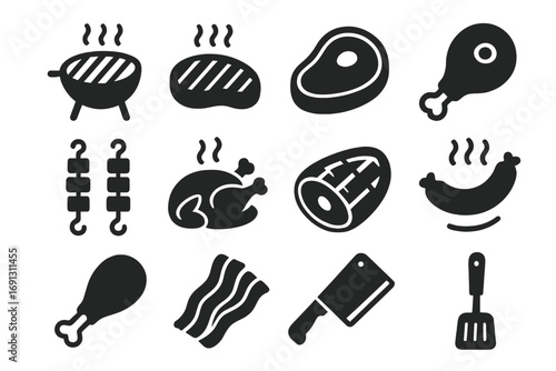 Grill meat and barbecue solid icon set. Food and cooking glyph collection. Vector pictograms for steak, chicken, sausage, bacon, pork, beef. BBQ party symbols isolated.