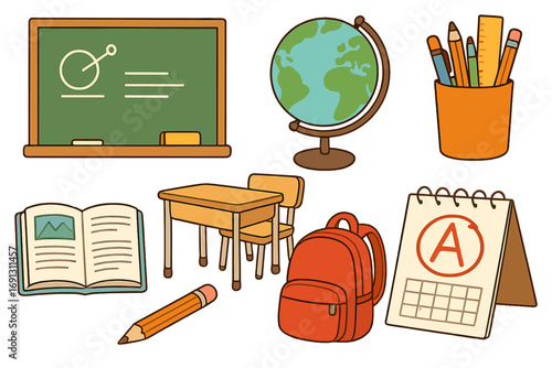 School supplies and classroom items set. Education, learning concept. Vector cartoon collection with chalkboard, globe, desk, chair, book, backpack, pens and pencils. Back to school illustration.