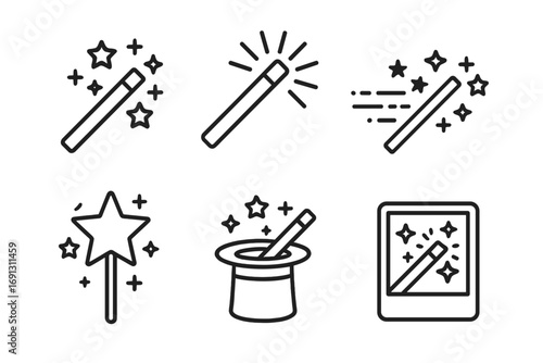 Magic wand thin line icon pack. Editable stroke vector illustration set. Wizardry, fantasy, and illusion concept. Magician trick stick, fairy sparkle star, and miracle icons.