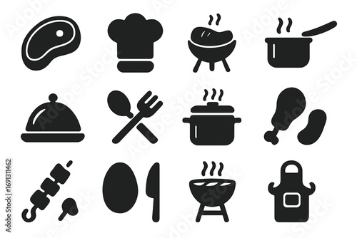 Food and cooking solid glyph icon set. Kitchen and restaurant menu symbols. Vector collection includes steak, chef hat, grill, pot, chicken leg, barbecue and apron.