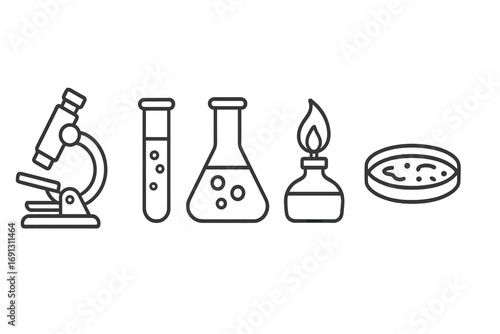 Science lab equipment line art icon set. Vector symbols for chemistry, biology, research, and education. Includes microscope, test tube, flask, burner, and petri dish.